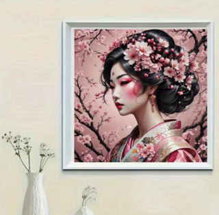 Preview: Diamond Painting Japanisch Frau im Kimono, von Kirschblüten umgeben